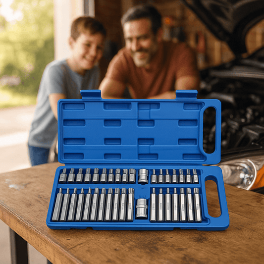 Coffret embout pour visseuse et tournevis pose sur un établi dans le garage