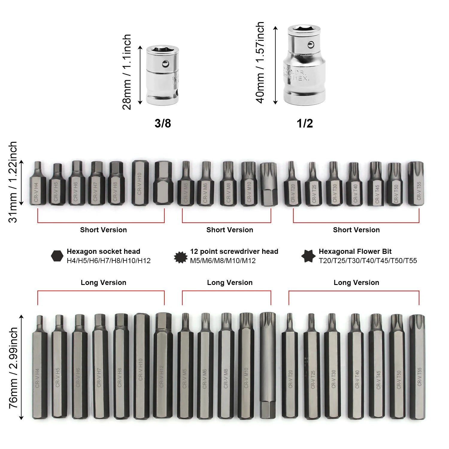 Dimensions caractéristiques embout pour visseuse et tournevis