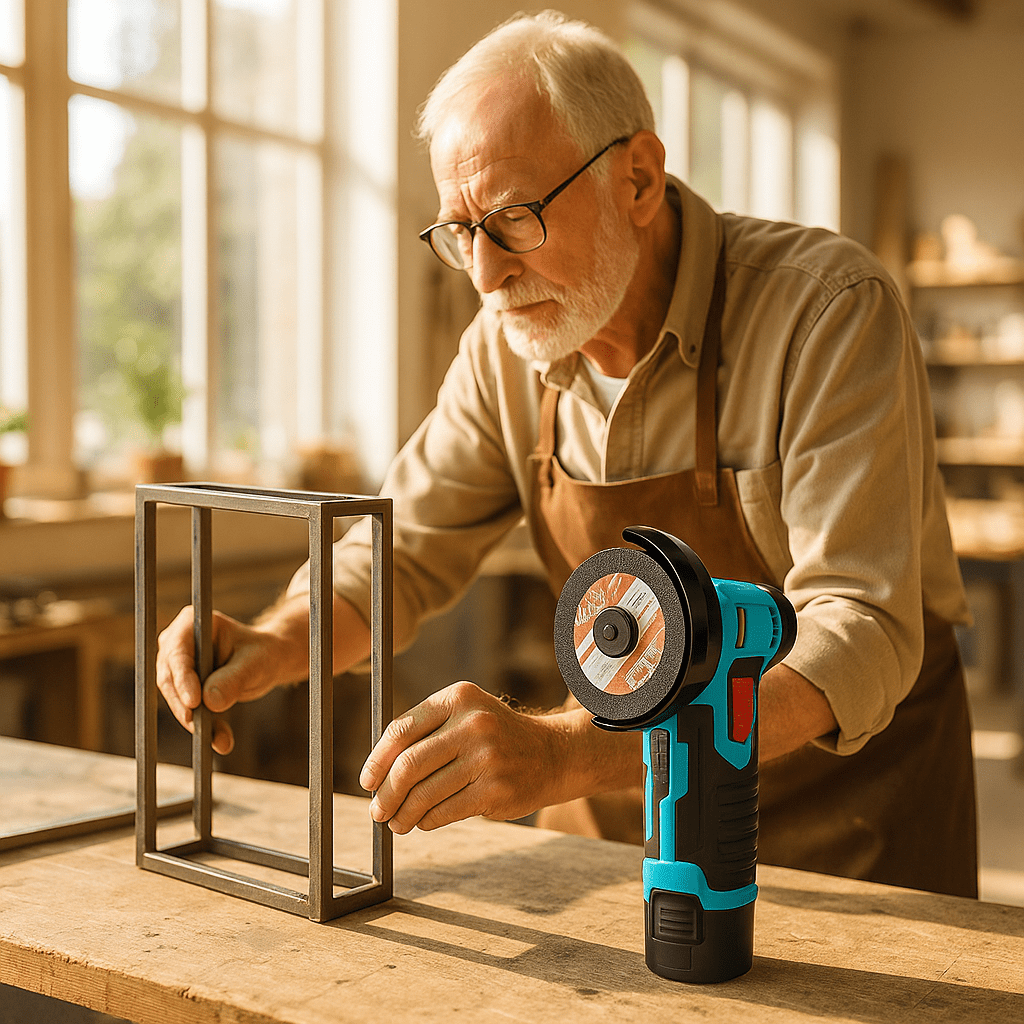 Grand-père travaille avec mini meuleuse sans fil à batterie