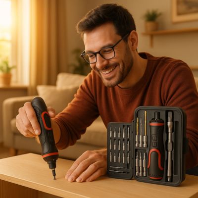 homme utilise tournevis electrique pour meuble