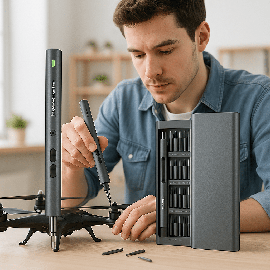 Homme utilise tournevis électrique réparer drone