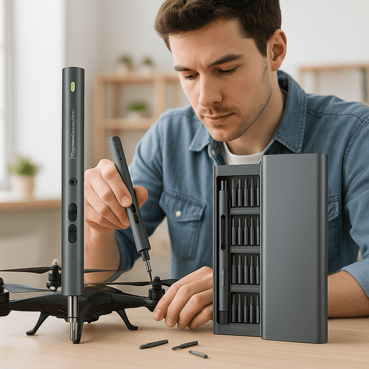 Homme utilise tournevis électrique réparer drone
